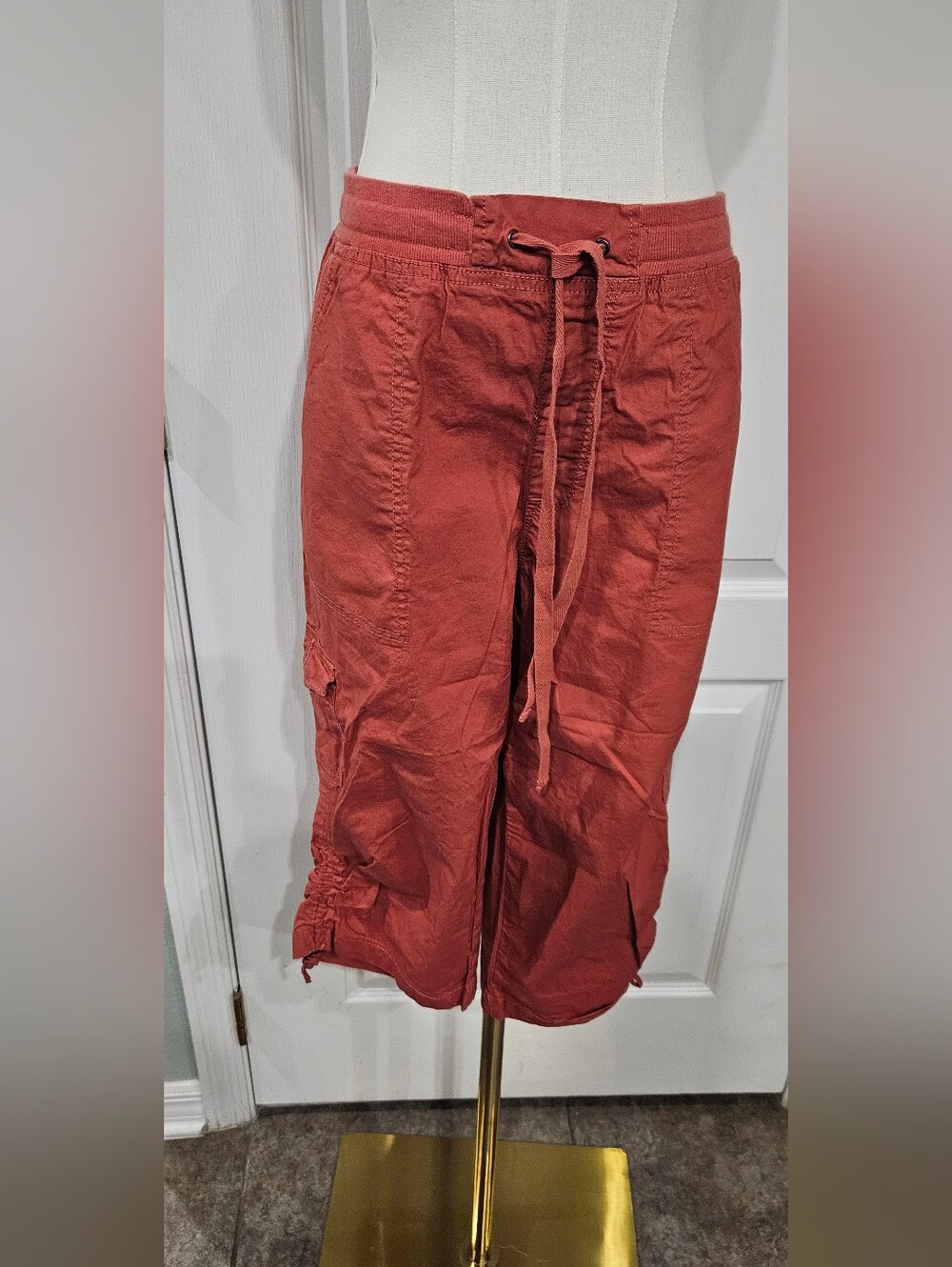 Women's Casual Drawstring Cargo Pants - Rust Red